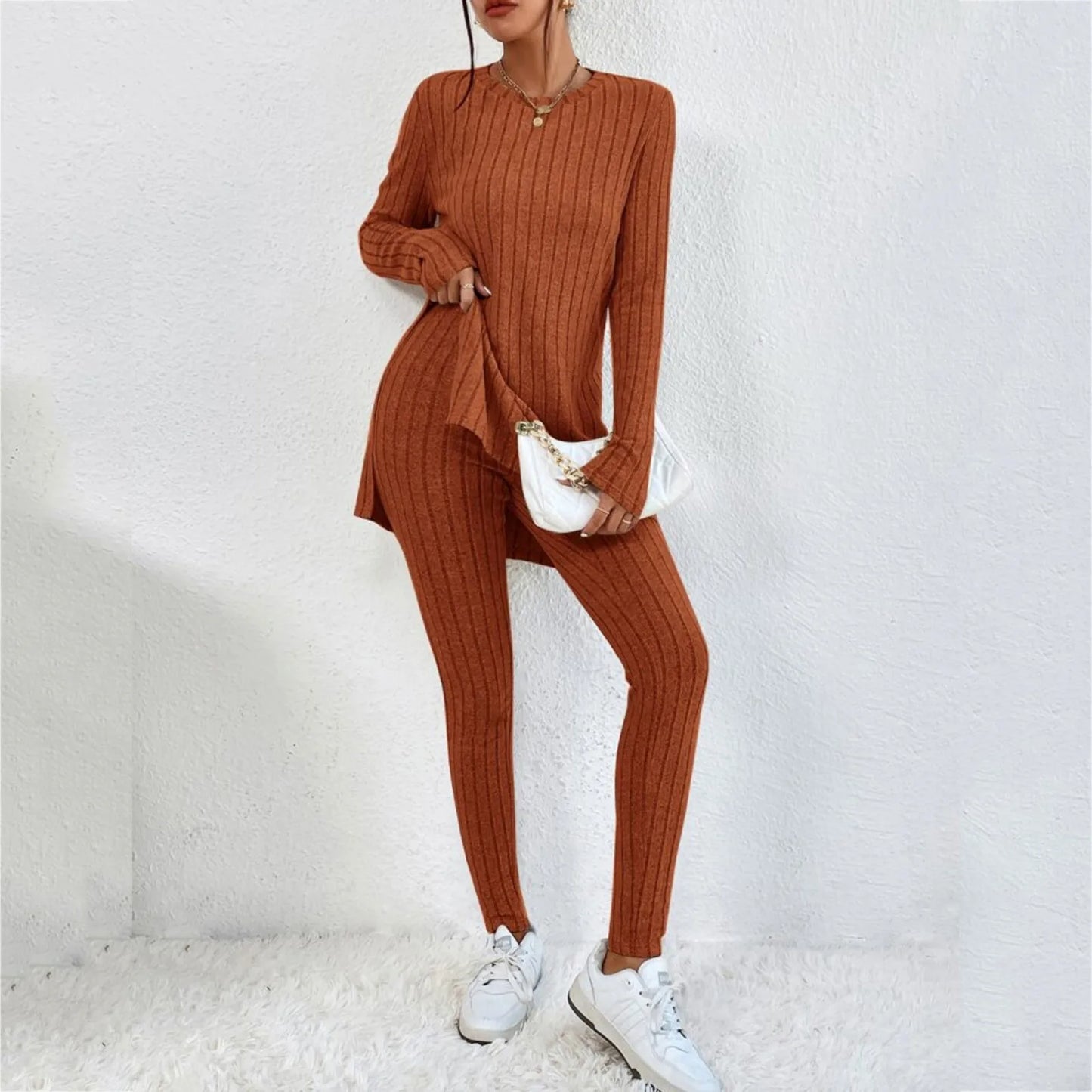 Fashion Knit Suits Casual Loose Long Pants Print Knitted Solid Color Two Pieces Sets