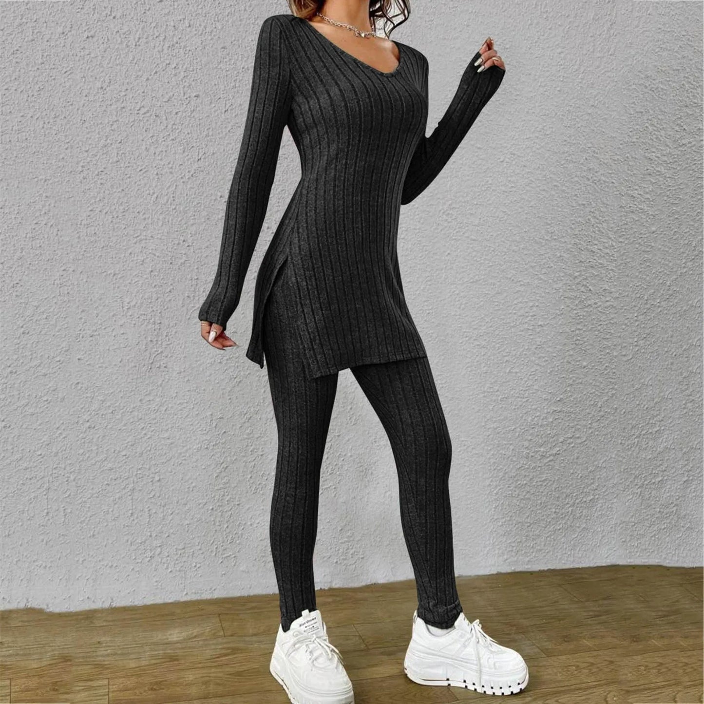 Fashion Knit Suits Casual Loose Long Pants Print Knitted Solid Color Two Pieces Sets