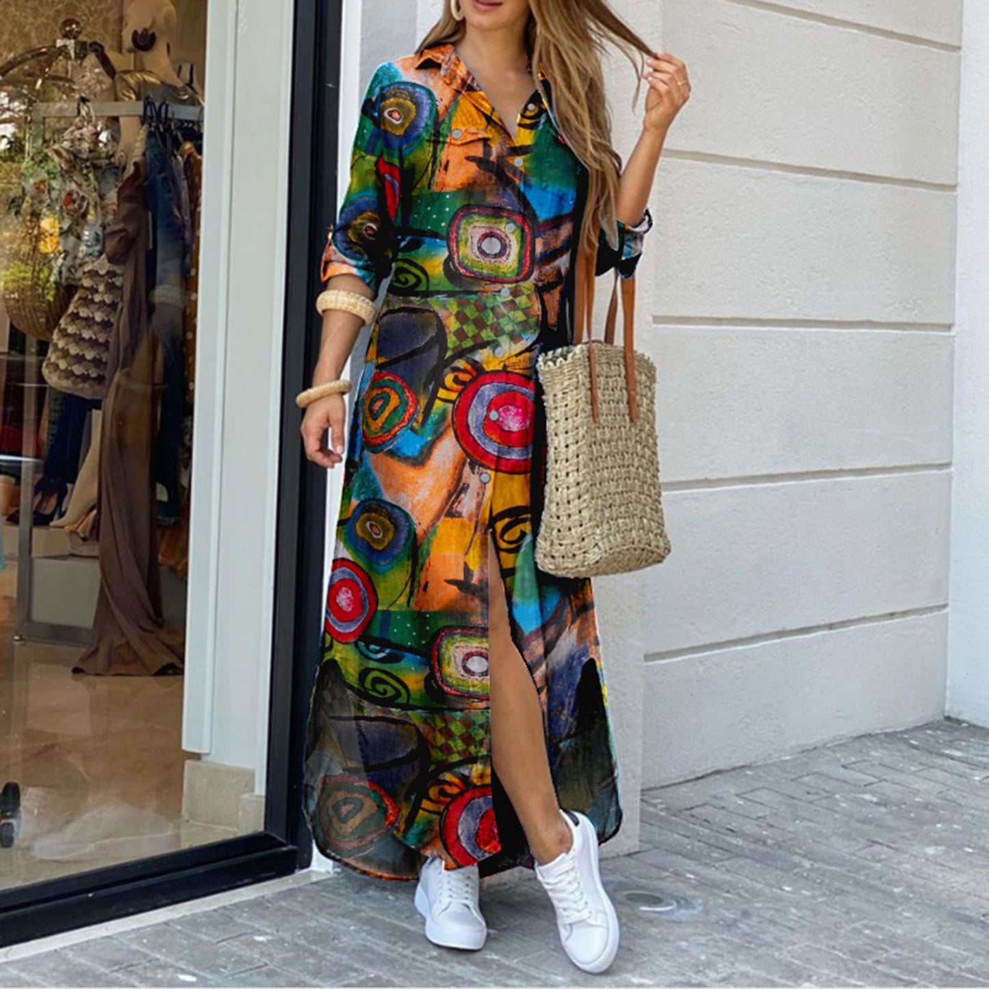 Women Stripe print Long Shirt Dress Fashion Boho Beach Button Big Maxi Dress New Oversized