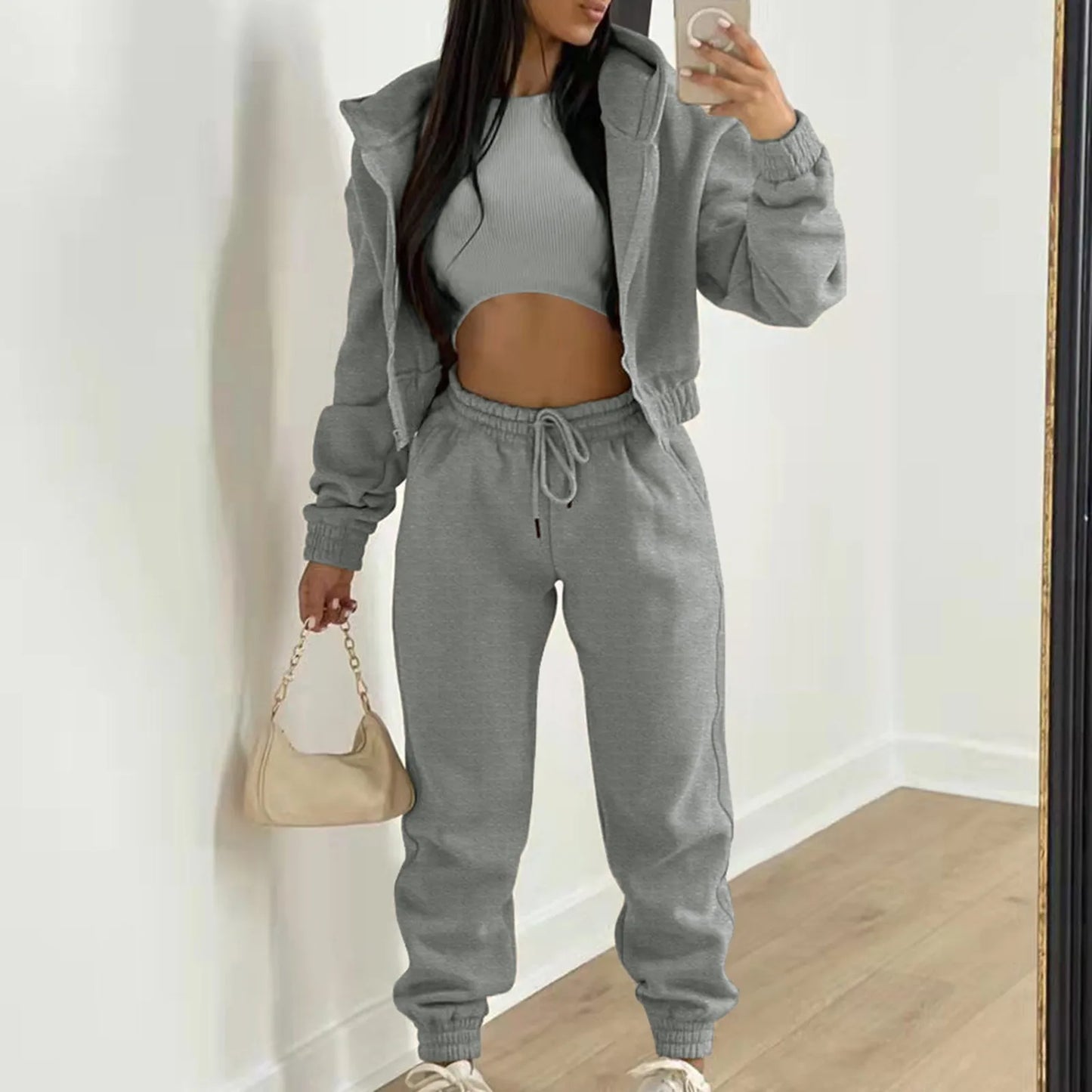Women's Casual Tracksuit Top Vest Pant Set Fashionable Solid Color Zipper Hooded Sweatshirt Pant Suit