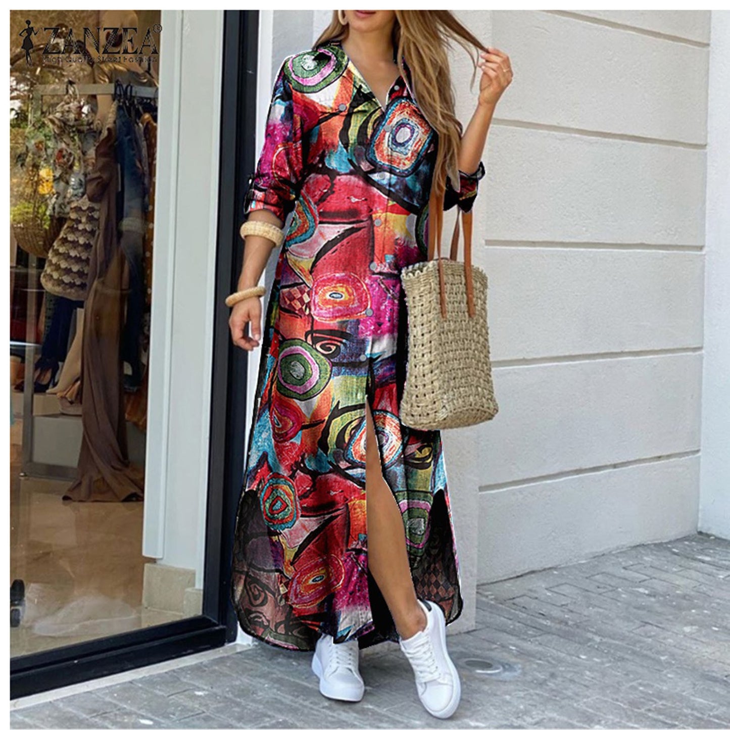 Women Stripe print Long Shirt Dress Fashion Boho Beach Button Big Maxi Dress New Oversized