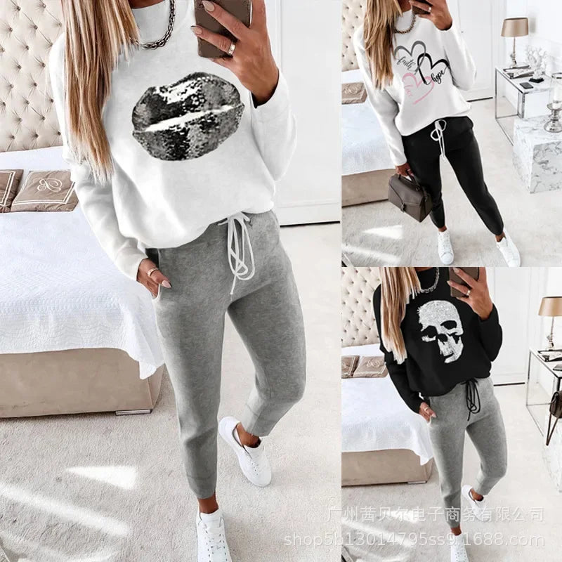 Contrast Piping Top & Drawstring Pants Set Women 2pcs Clothes Set Autumn Winter Sweatshirt Sweatpants