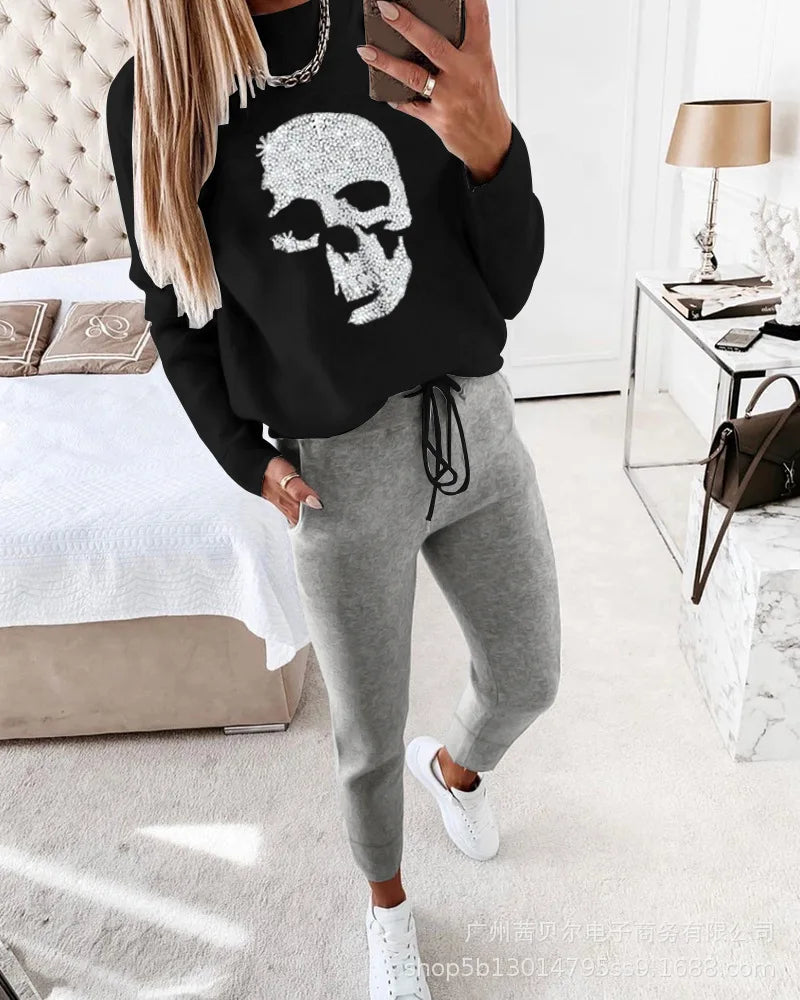 Contrast Piping Top & Drawstring Pants Set Women 2pcs Clothes Set Autumn Winter Sweatshirt Sweatpants