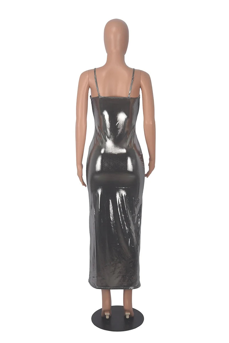 Shiny Bodycon Slim Sexy Ankle Length Long Dress Spaghetti Strap Glitter Metallic Midi Party/Club Dress