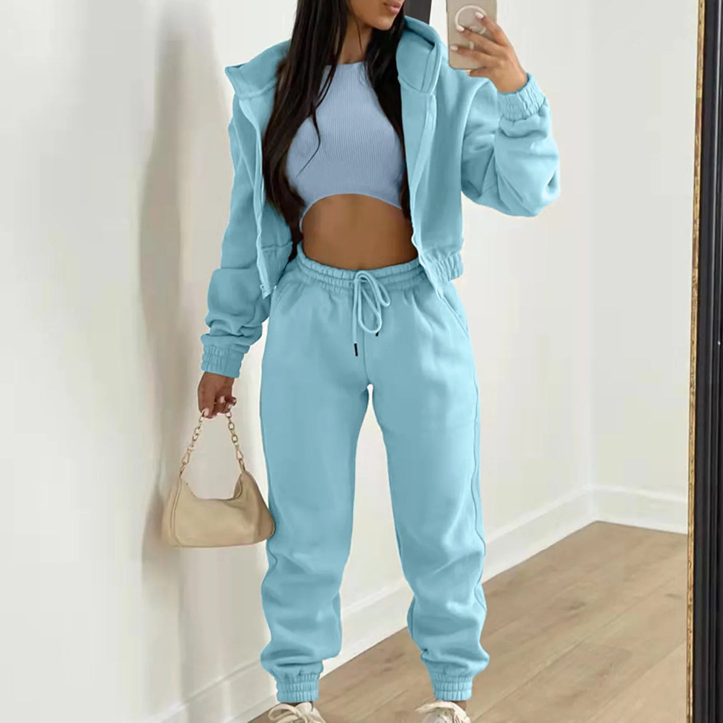 Women's Casual Tracksuit Top Vest Pant Set Fashionable Solid Color Zipper Hooded Sweatshirt Pant Suit