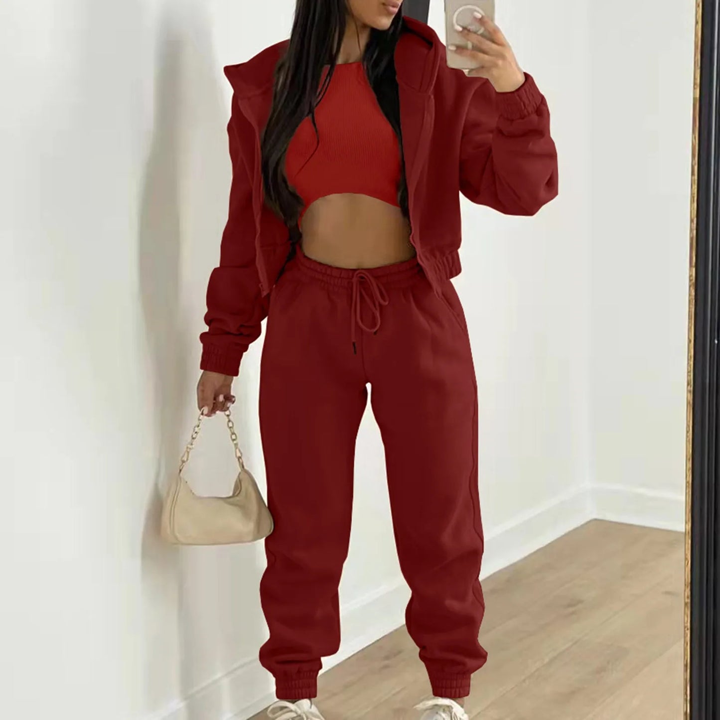 Women's Casual Tracksuit Top Vest Pant Set Fashionable Solid Color Zipper Hooded Sweatshirt Pant Suit