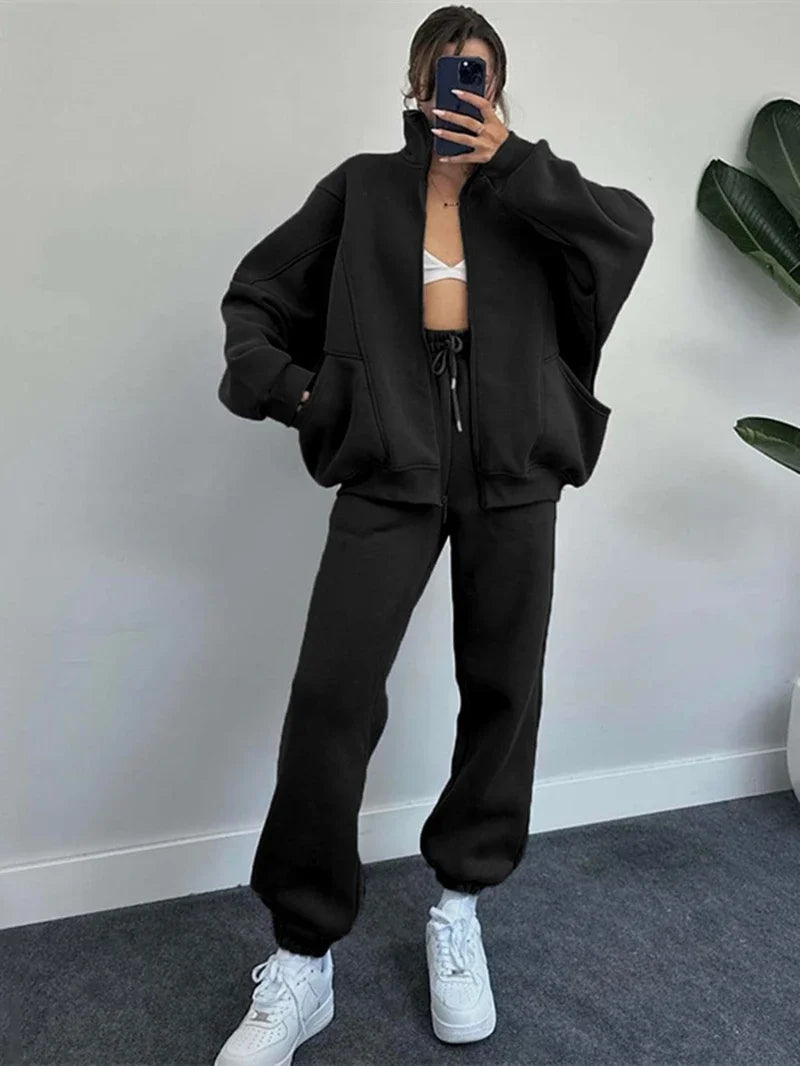 Streetwear 2 Piece Sets Women Outfit Autumn Clothes Women Solid Jacket Top and Pants Sets Casual Fleece Set