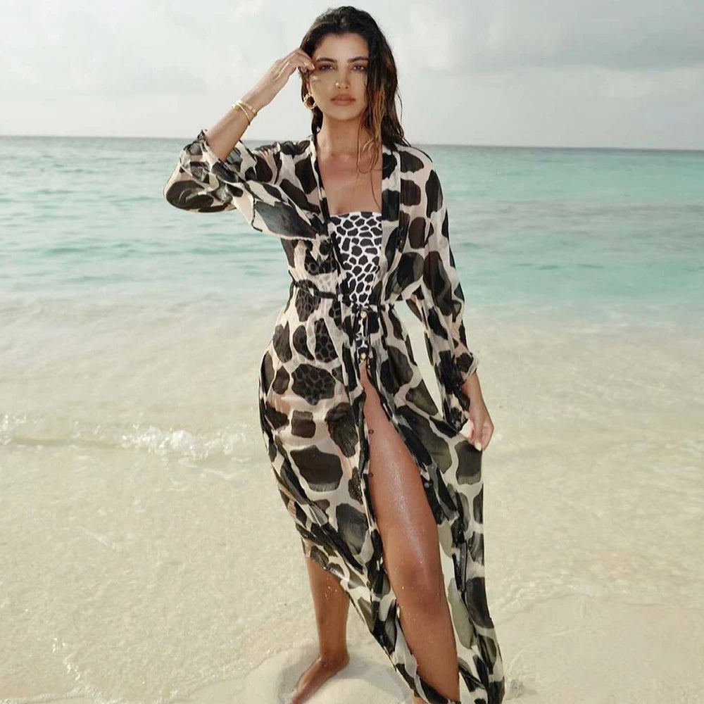 Leaves Print Bikini Beach Cover up Tunics for Beach Long Kaftan Cover up Beach Swimsuit cover-ups