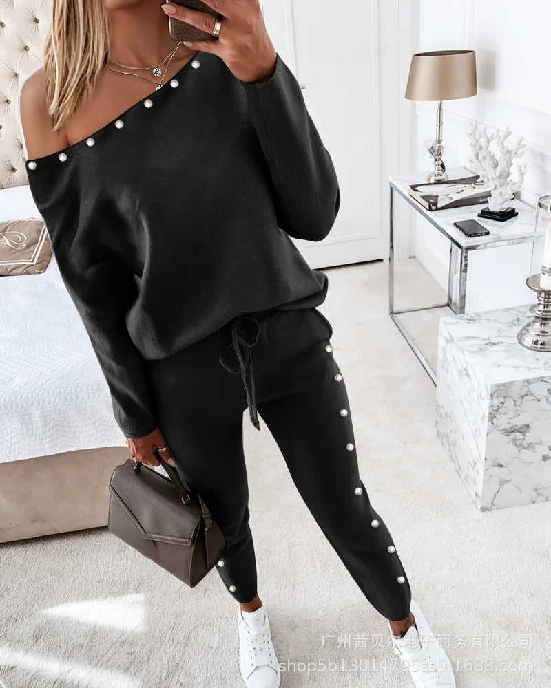 Contrast Piping Top & Drawstring Pants Set Women 2pcs Clothes Set Autumn Winter Sweatshirt Sweatpants