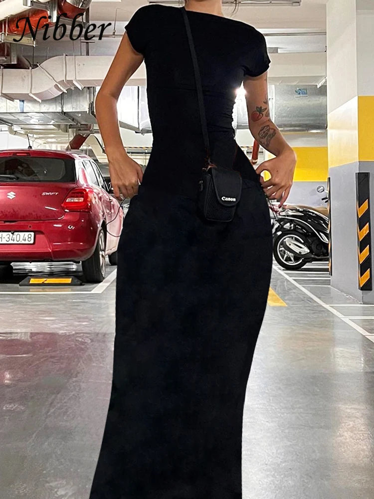 Solid Backless Maxi Dress Elegant Elastic Slim Short Sleeve Long dress Bodycon Streetwear Clothing