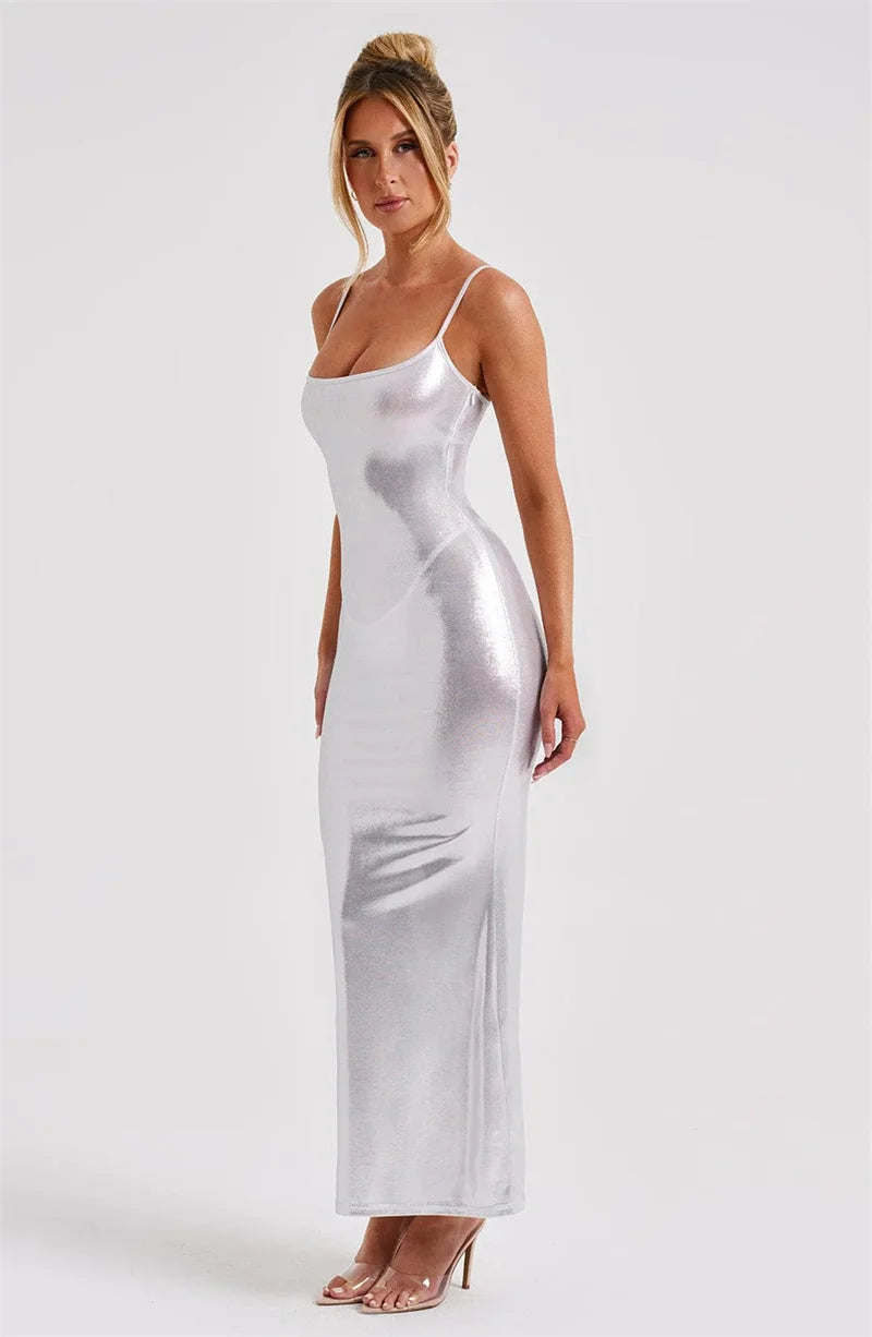 Shiny Bodycon Slim Sexy Ankle Length Long Dress Spaghetti Strap Glitter Metallic Midi Party/Club Dress