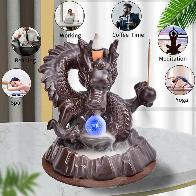 7-Color Change Incense Burner Handmade Ceramic Dragon Backflow Incense Burner Creative Smoke Waterfall Incense Holder Censer