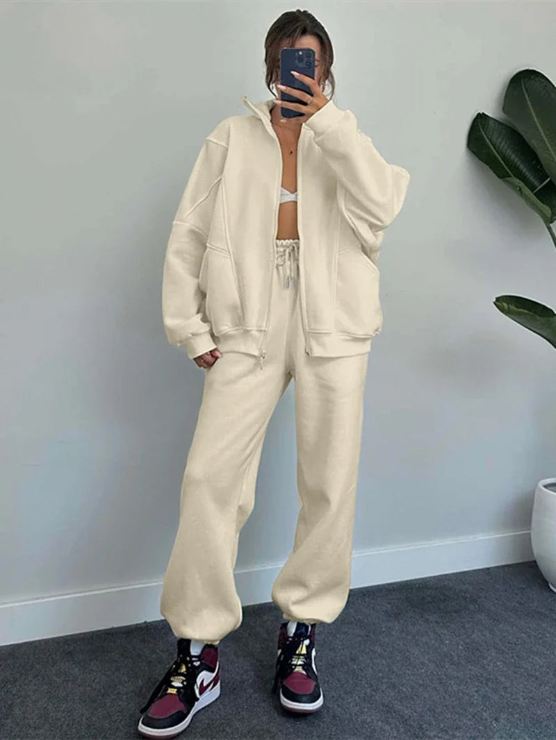 Streetwear 2 Piece Sets Women Outfit Autumn Clothes Women Solid Jacket Top and Pants Sets Casual Fleece Set