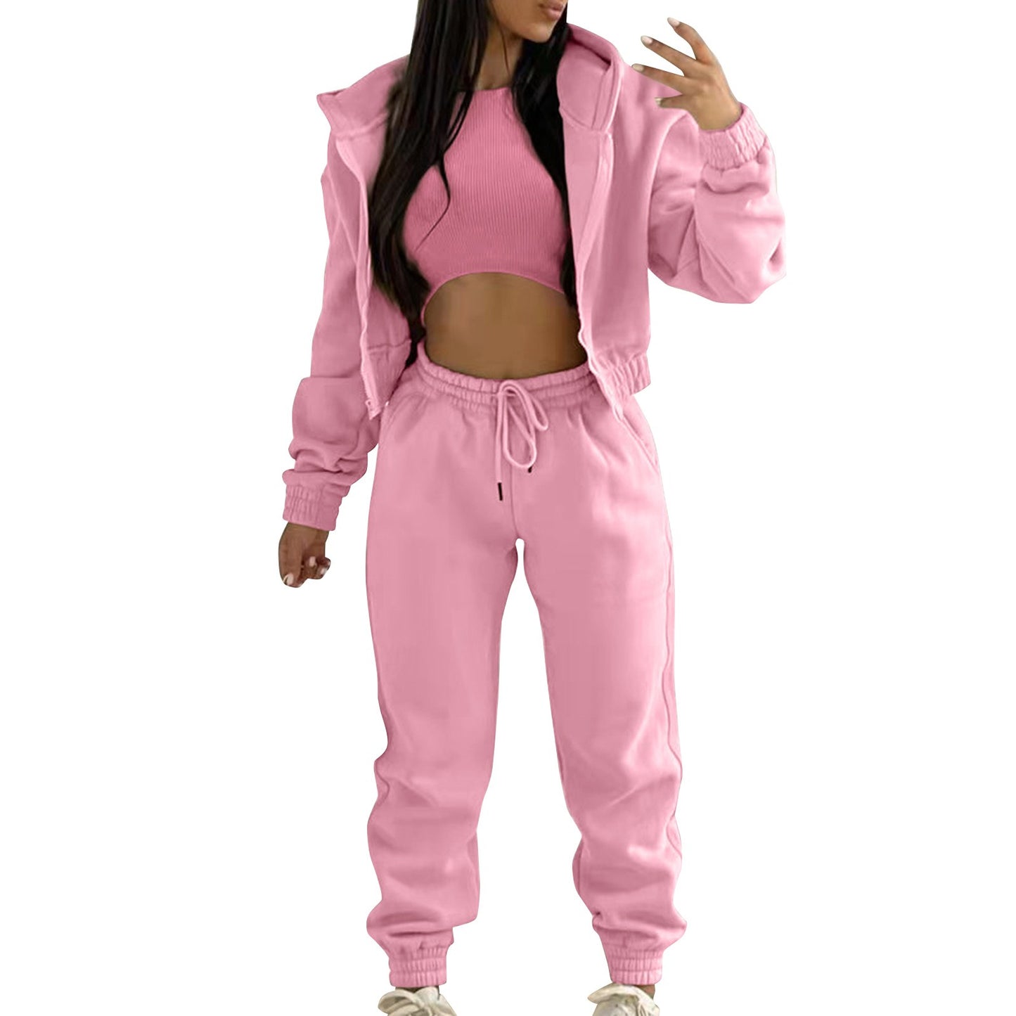 Women's Casual Tracksuit Top Vest Pant Set Fashionable Solid Color Zipper Hooded Sweatshirt Pant Suit