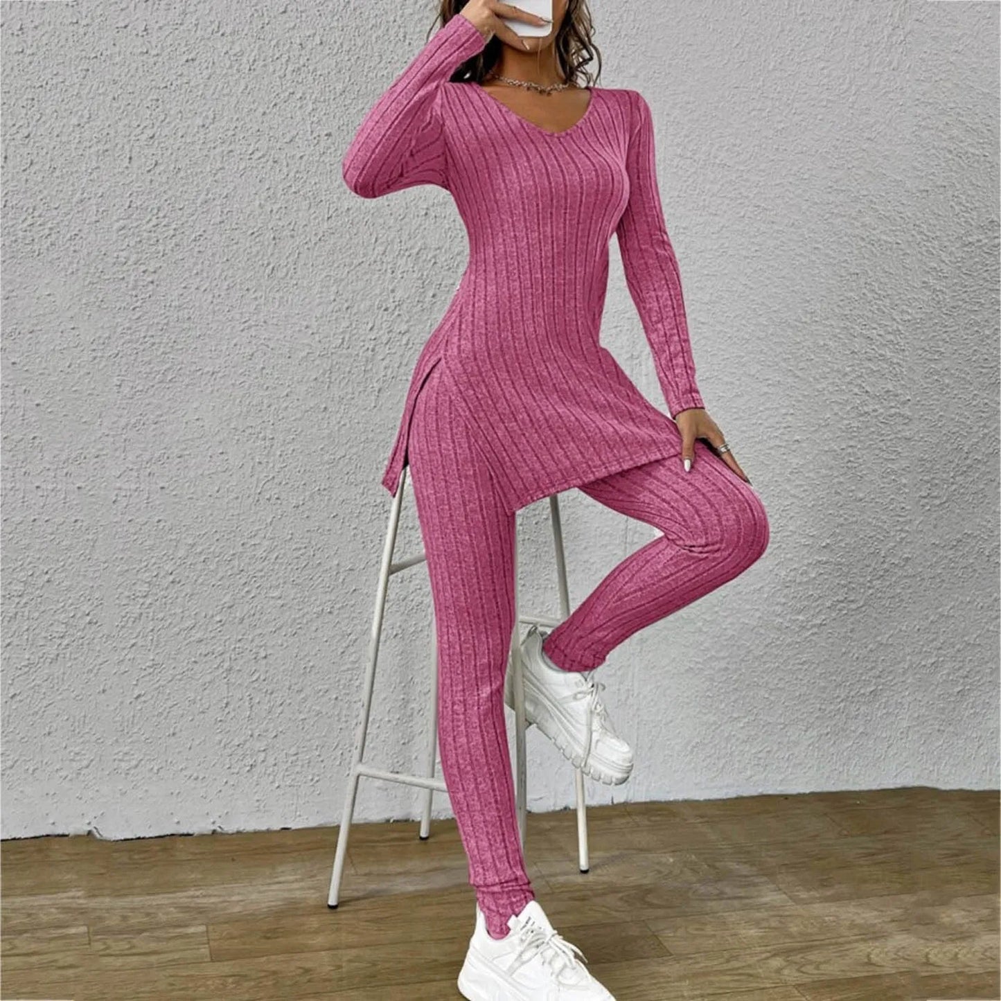 Fashion Knit Suits Casual Loose Long Pants Print Knitted Solid Color Two Pieces Sets