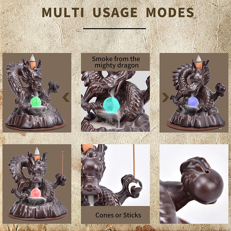 7-Color Change Incense Burner Handmade Ceramic Dragon Backflow Incense Burner Creative Smoke Waterfall Incense Holder Censer