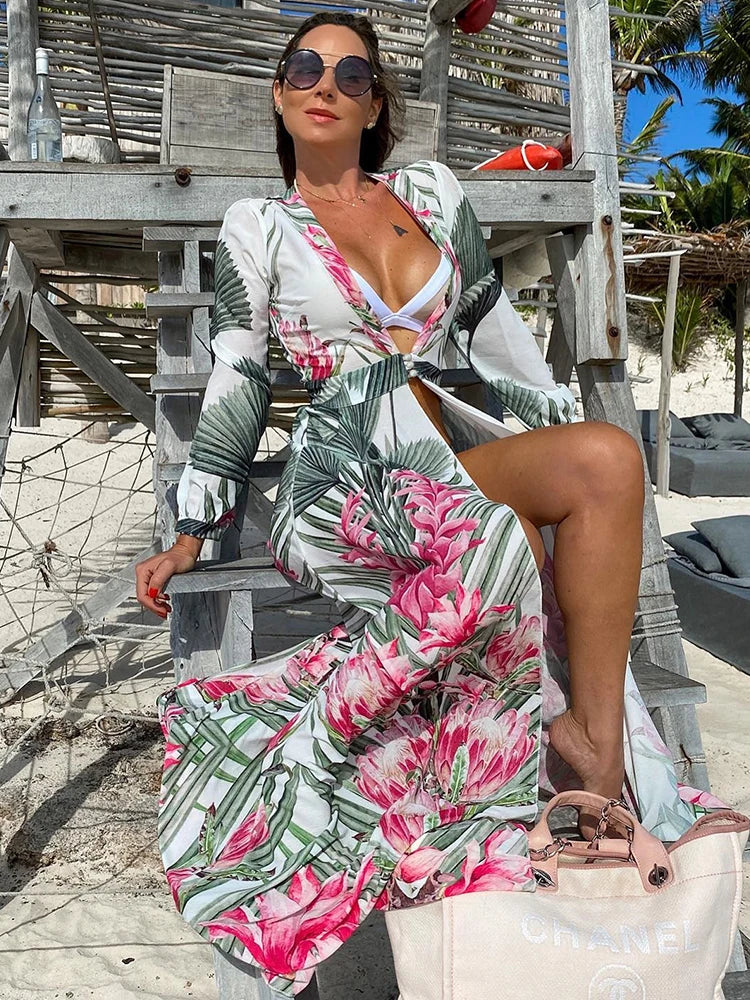 Leaves Print Bikini Beach Cover up Tunics for Beach Long Kaftan Cover up Beach Swimsuit cover-ups