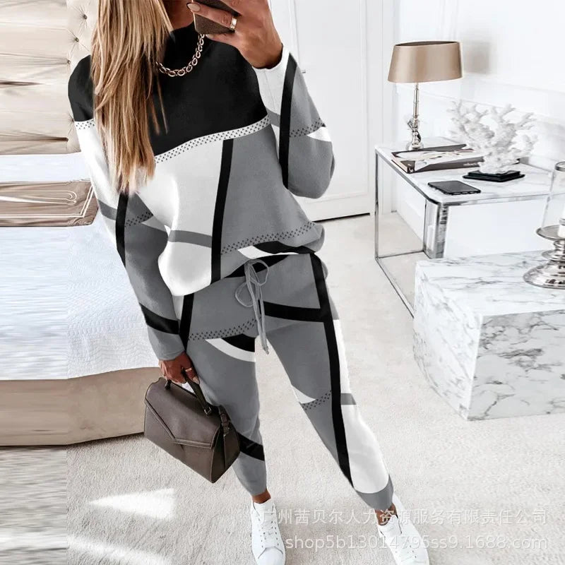 Contrast Piping Top & Drawstring Pants Set Women 2pcs Clothes Set Autumn Winter Sweatshirt Sweatpants