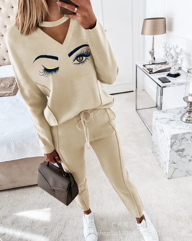 Contrast Piping Top & Drawstring Pants Set Women 2pcs Clothes Set Autumn Winter Sweatshirt Sweatpants