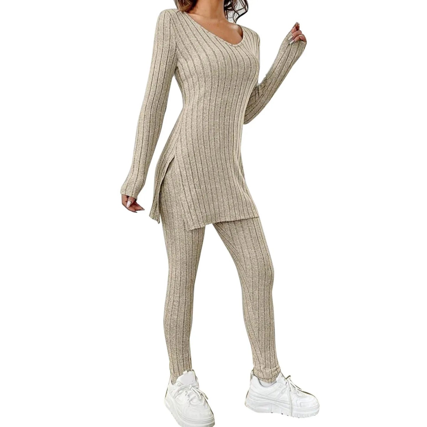 Fashion Knit Suits Casual Loose Long Pants Print Knitted Solid Color Two Pieces Sets