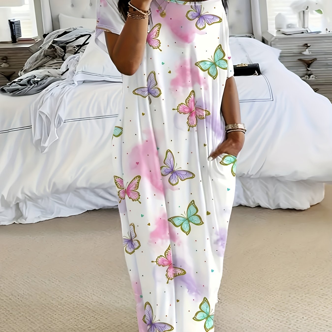 Tie Dye Butterfly Print Casual Lounge Dress, Short Sleeve Boat Neck Loose Fit Maxi Dress With Pockets, Comfortable