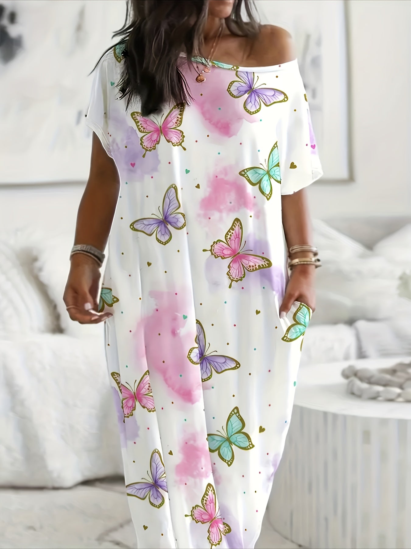 Tie Dye Butterfly Print Casual Lounge Dress, Short Sleeve Boat Neck Loose Fit Maxi Dress With Pockets, Comfortable