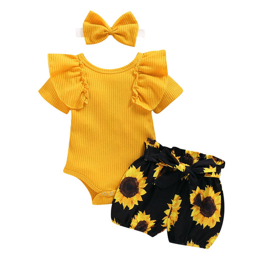 Newborn Infant Baby Clothing Set Short Sleeve Romper Top Sunflower Printed Shorts 3Pcs Outfit
