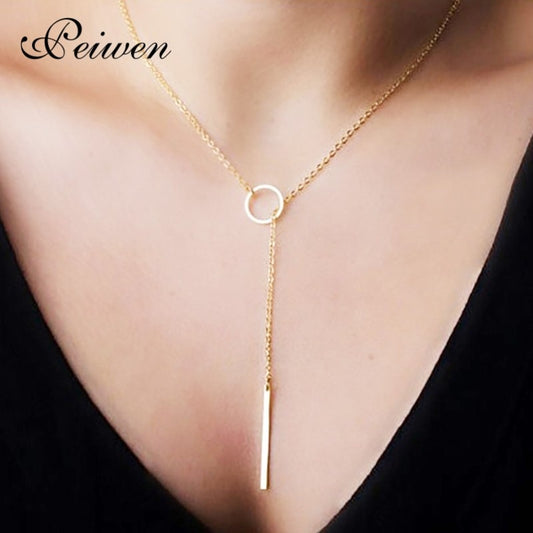 Fashion Vertical ID Bar Pendant Necklace Stainless Steel Y Circle Lariat Style Long Chain