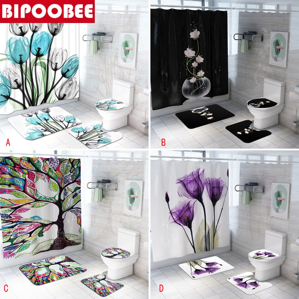 Colorful Tulip Lotus Flowers Trees Shower Curtain Sets Non-Slip Rugs Toilet Lid Cover and Bath Mat Waterproof Bathroom Curtains