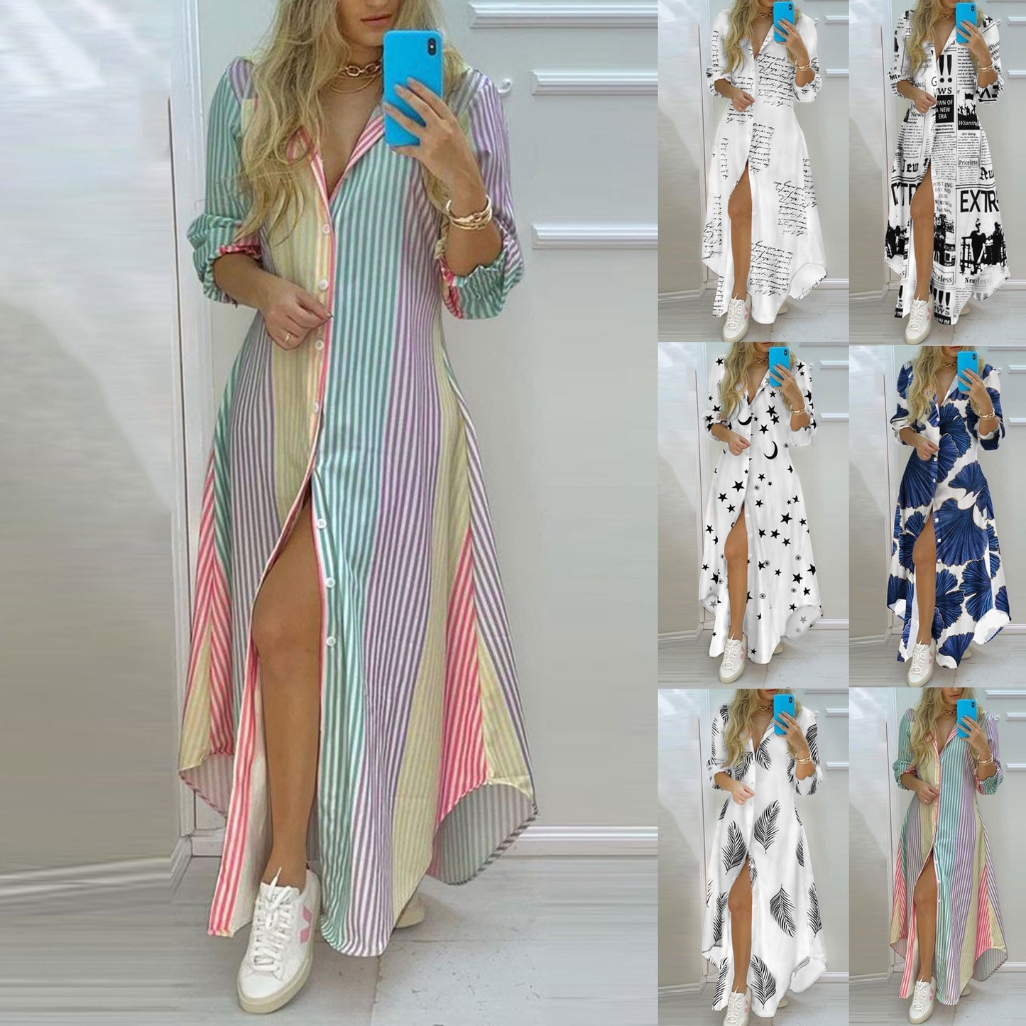 Women Stripe print Long Shirt Dress Fashion Boho Beach Button Big Maxi Dress New Oversized