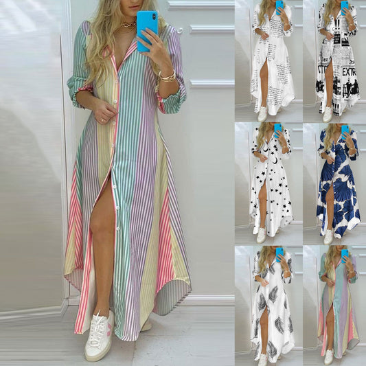 Women Stripe print Long Shirt Dress Fashion Boho Beach Button Big Maxi Dress New Oversized