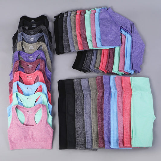 2/3PCS Seamless Yoga Set Workout Sportswear Gym Clothing Fitness Long Sleeve Crop Top High Waist Leggings Sports Suit