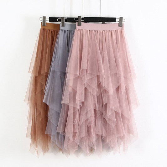 Party Skirt Elastic High Waist Long Tulle Skirt Women Irregular Hem Mesh Tutu Skirt