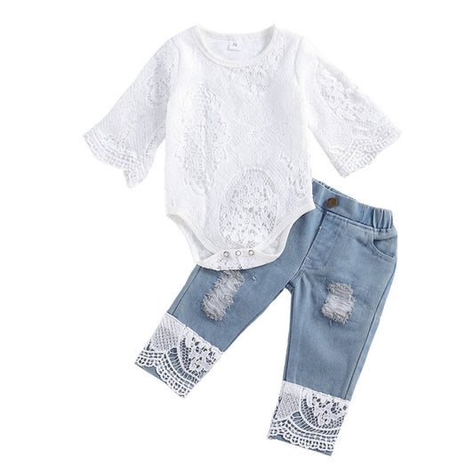 Lace Romper Suit Triangle Crotch Lace Top ripped Long Jeans 2Pcs Outfit