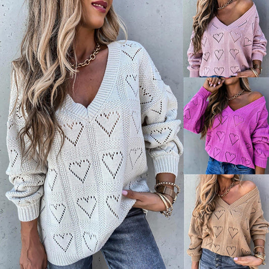 Love Heart Hollow Crochet Sweater Loose V Neck Long Sleeve Casual Knitwear Jumper
