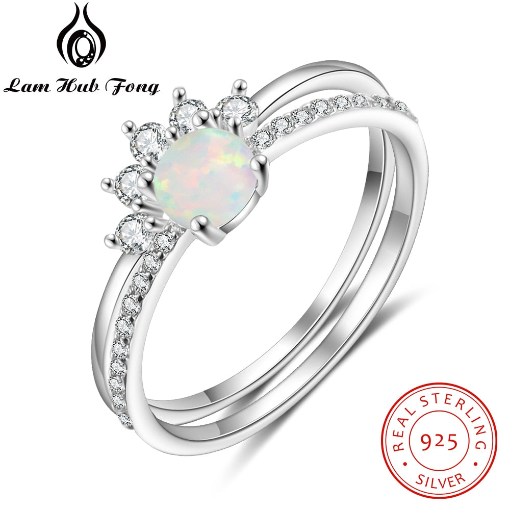 2 Pcs/Set 925 Sterling Silver Stackable Opal Ring Clear CZ Finger Rings for Women Wedding Band Silver 925 Jewelry