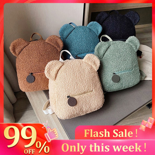 Portable Travel Rucksacks Casual Lamb Fleece cute Bear Shaped Shoulder Backpack