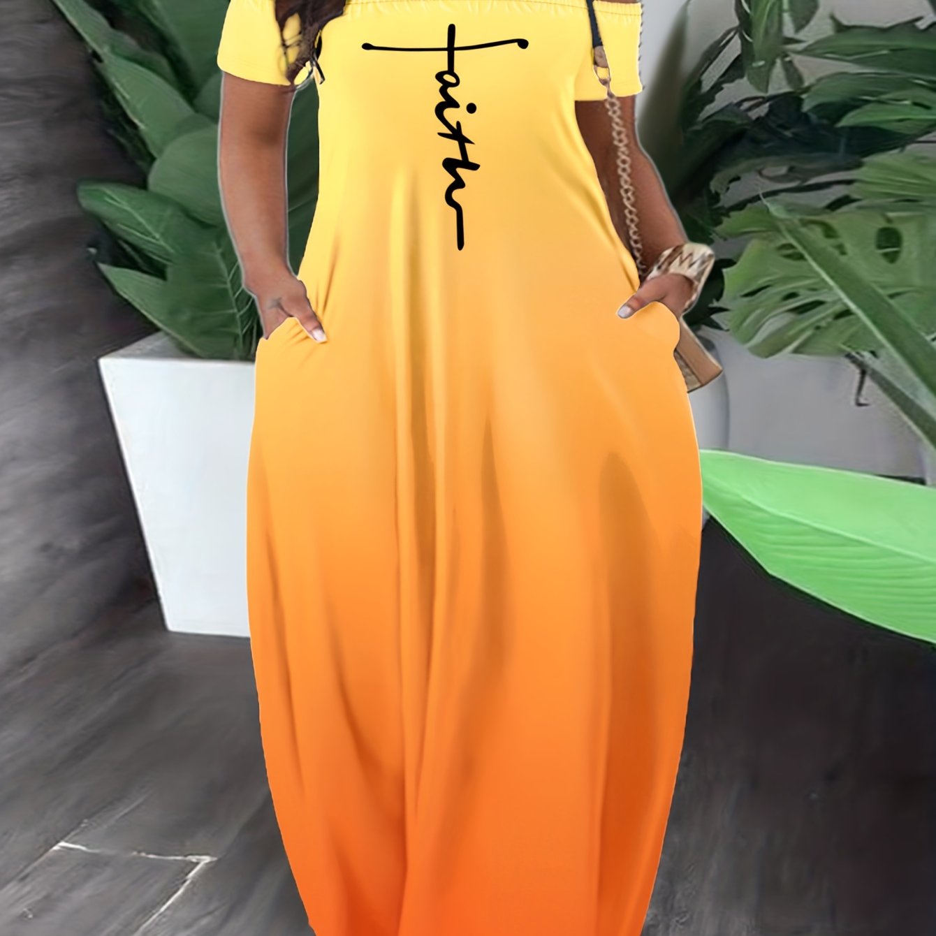Casual Summer Dress, Letter & Ombre Print Short Sleeve Off Shoulder Slight Stretch Maxi Dress With Pockets