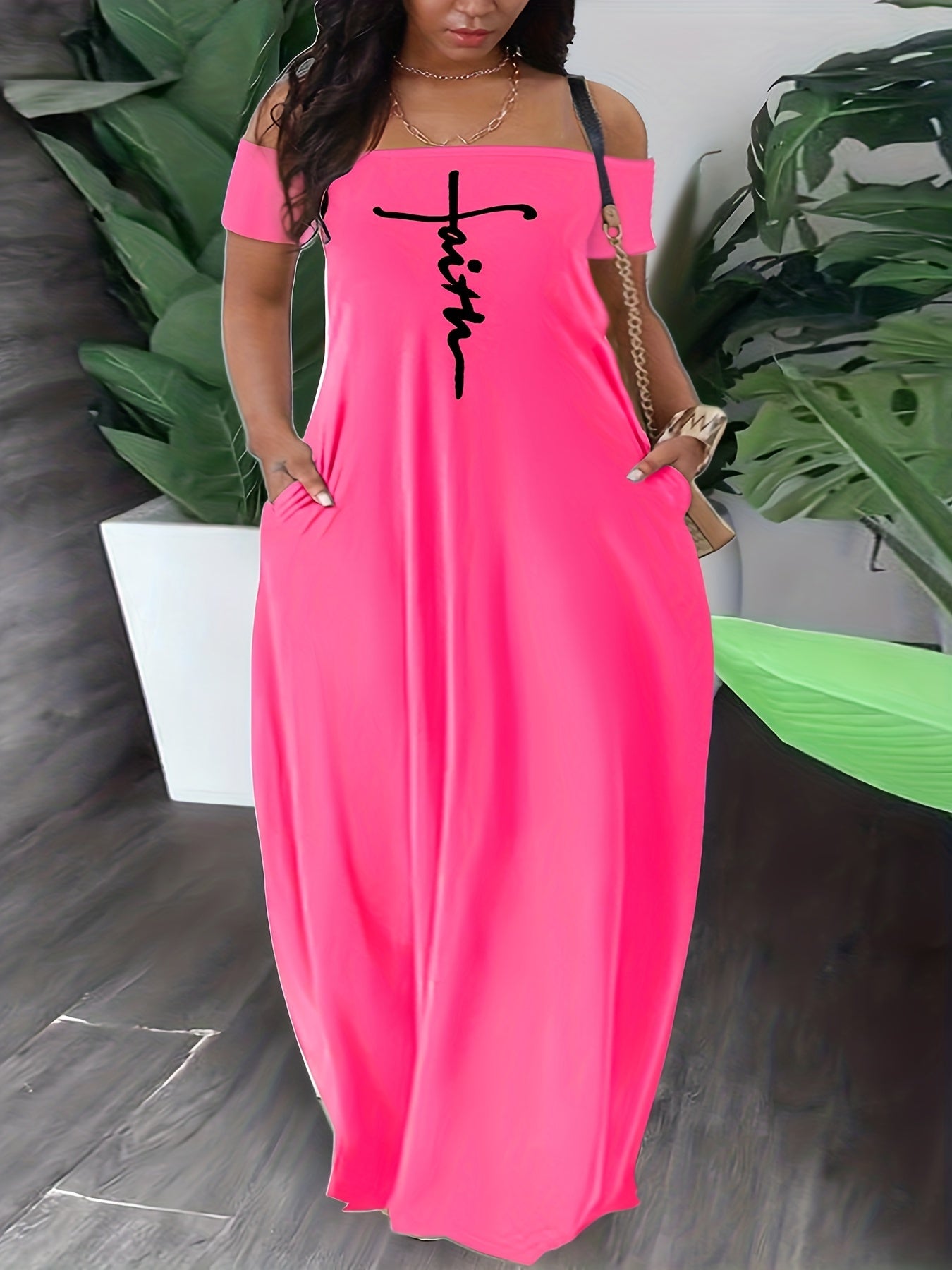 Casual Dress Cross Letter Print Off Shoulder Short Sleeve Maxi Dress With Pockets