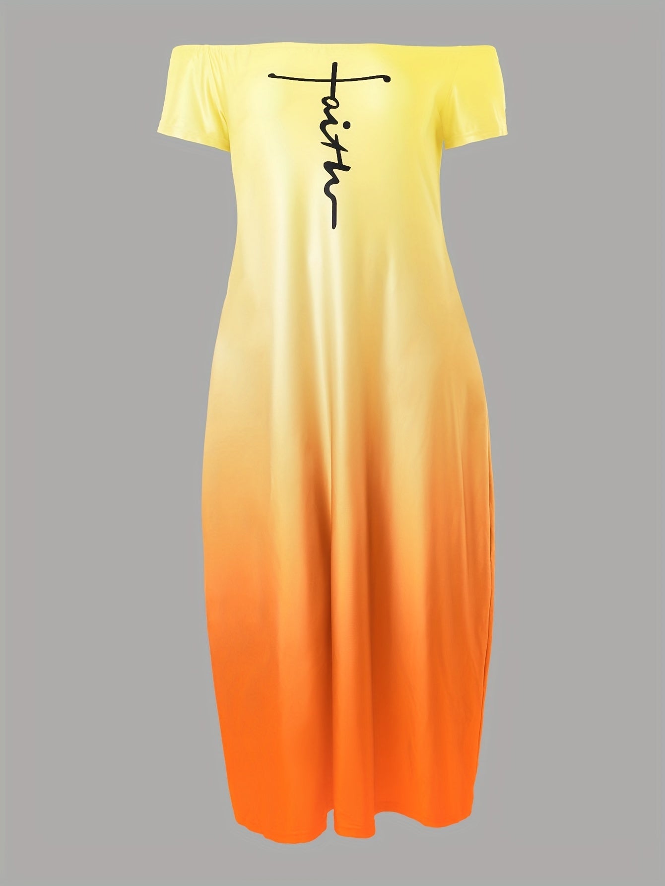 Casual Summer Dress, Letter & Ombre Print Short Sleeve Off Shoulder Slight Stretch Maxi Dress With Pockets