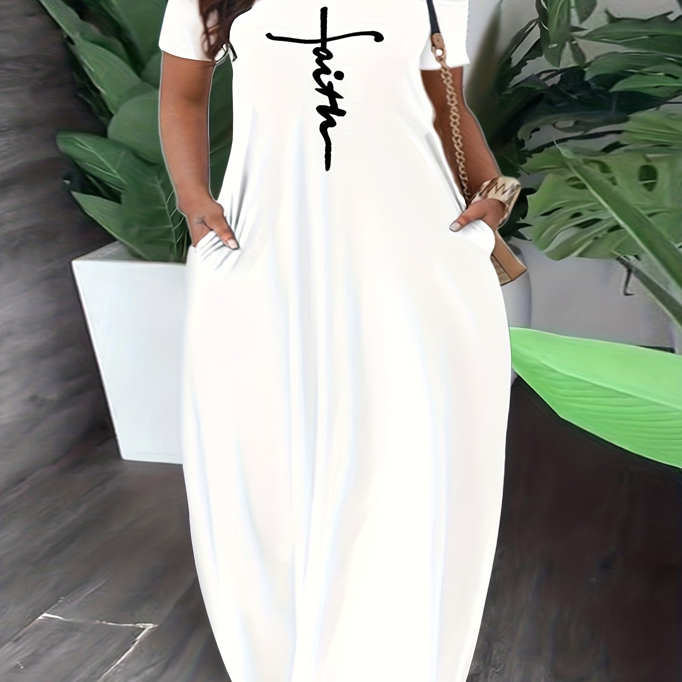 Casual Dress Cross Letter Print Off Shoulder Short Sleeve Maxi Dress With Pockets