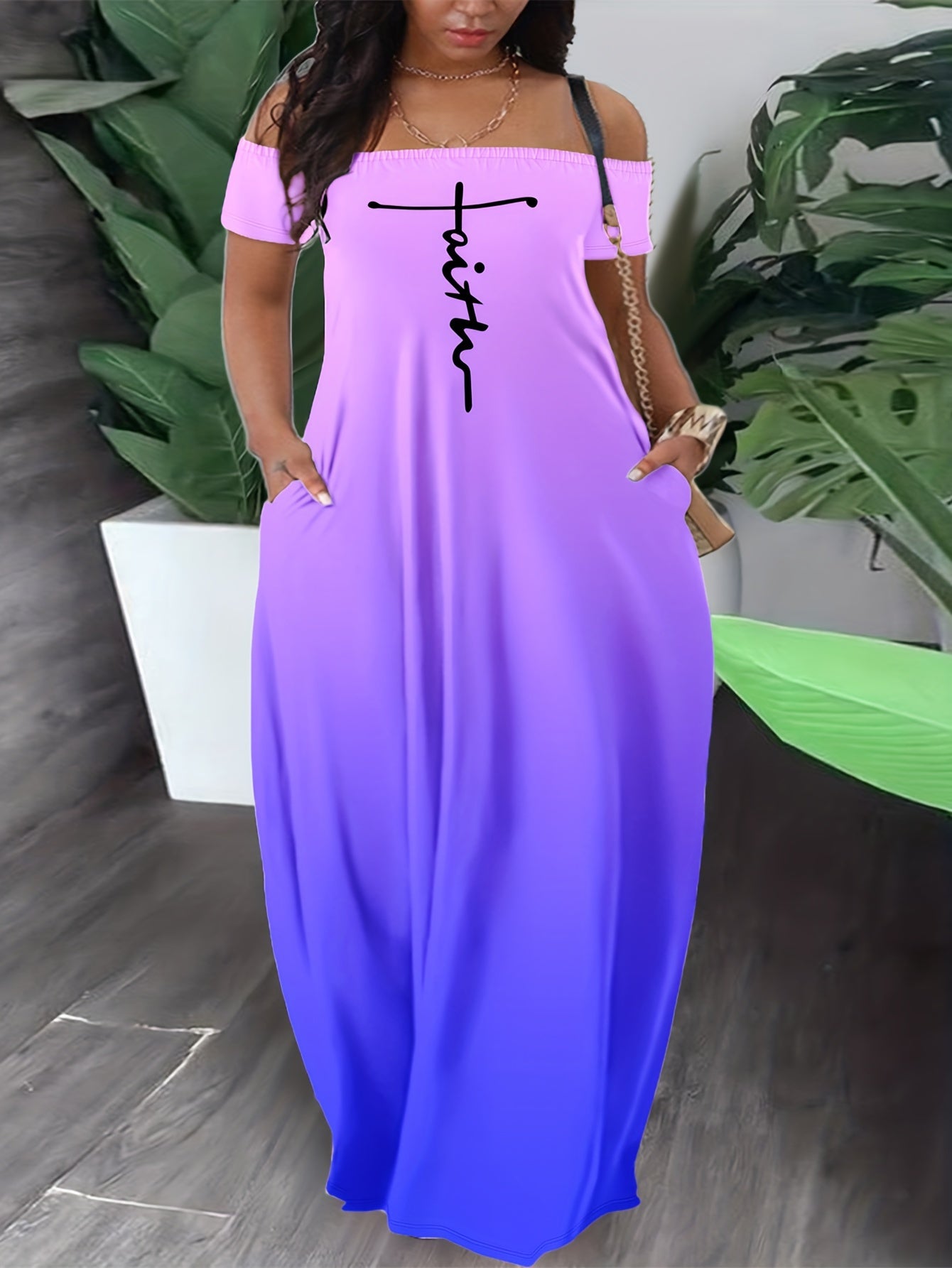 Casual Summer Dress, Letter & Ombre Print Short Sleeve Off Shoulder Slight Stretch Maxi Dress With Pockets