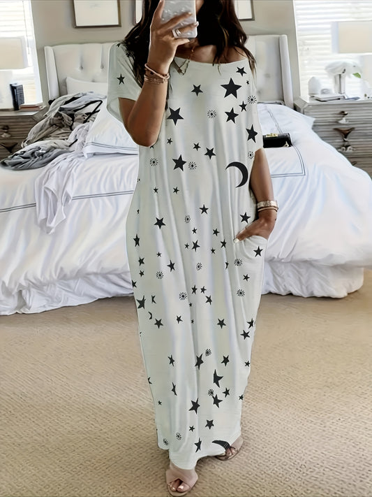 Tie Dye Butterfly Print Casual Lounge Dress, Short Sleeve Boat Neck Loose Fit Maxi Dress With Pockets, Comfortable