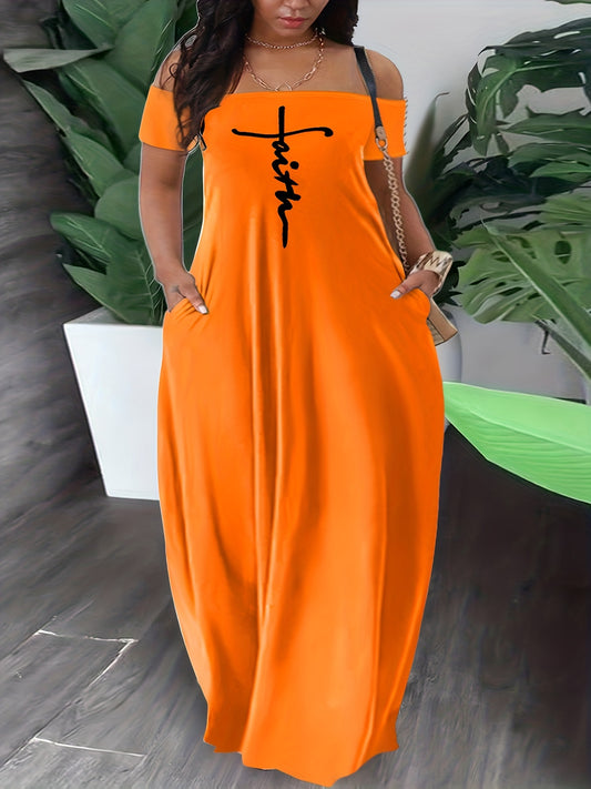Casual Dress Cross Letter Print Off Shoulder Short Sleeve Maxi Dress With Pockets