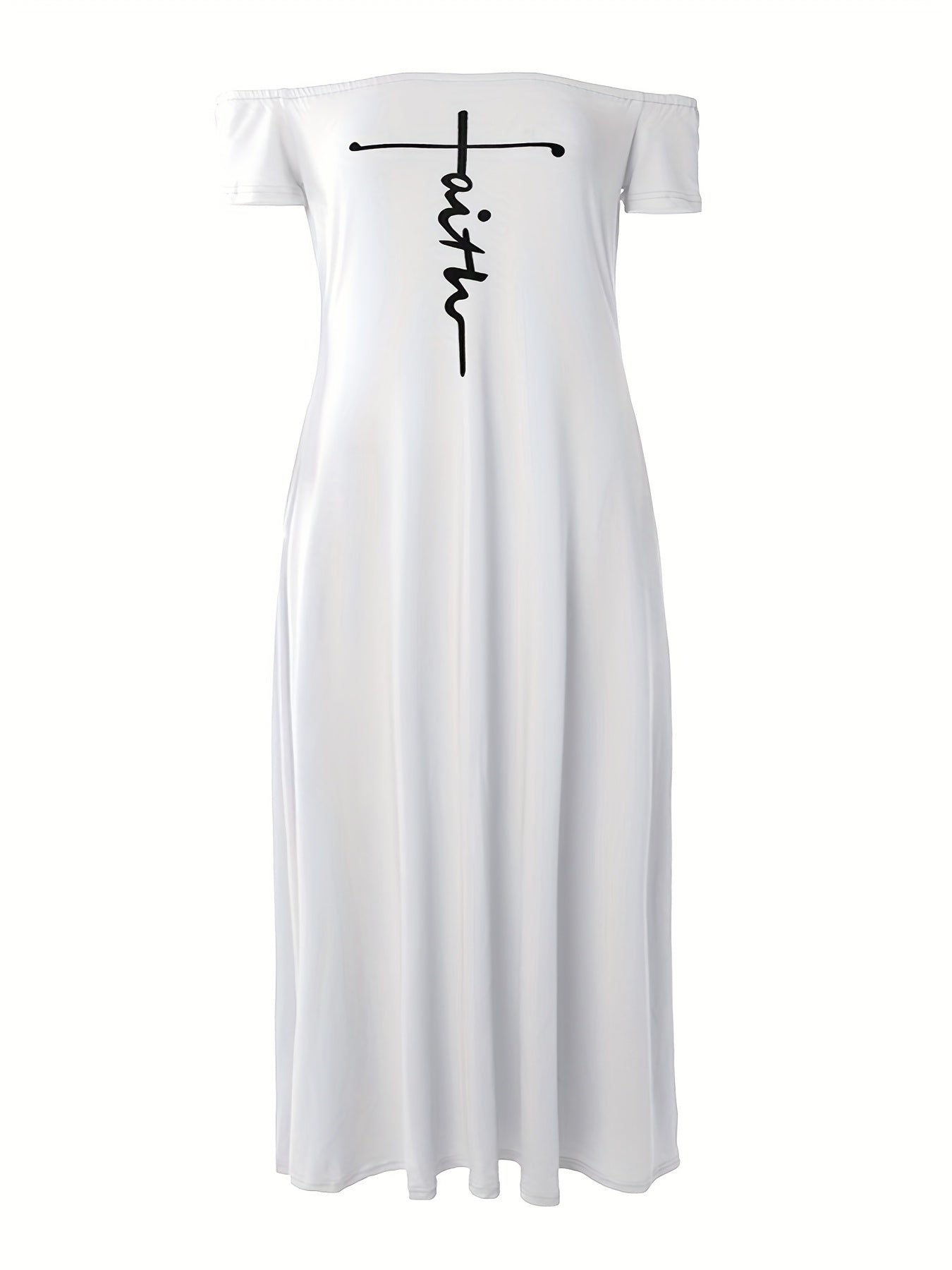 Casual Dress Cross Letter Print Off Shoulder Short Sleeve Maxi Dress With Pockets