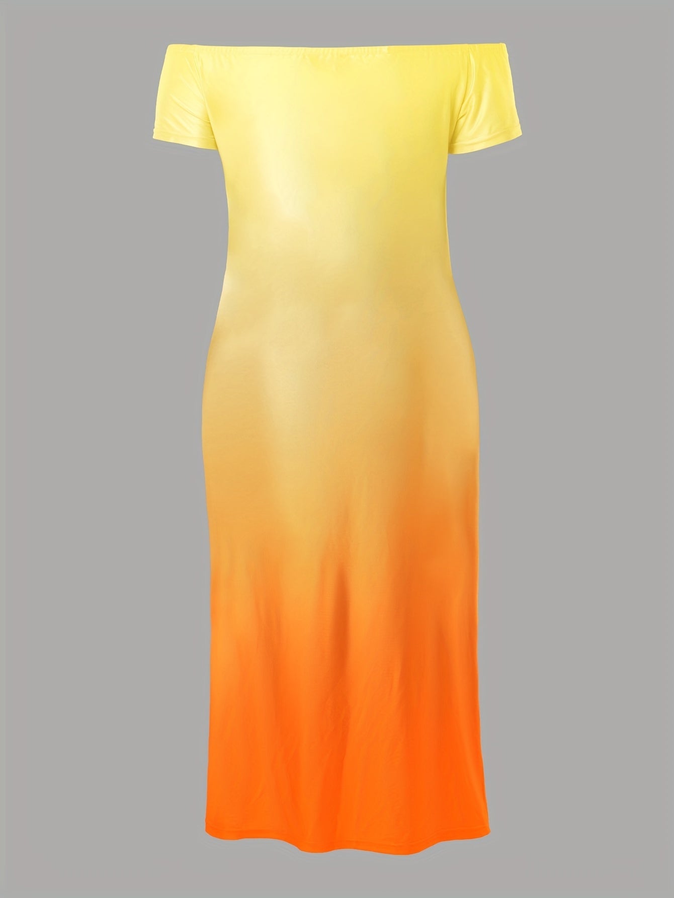 Casual Summer Dress, Letter & Ombre Print Short Sleeve Off Shoulder Slight Stretch Maxi Dress With Pockets