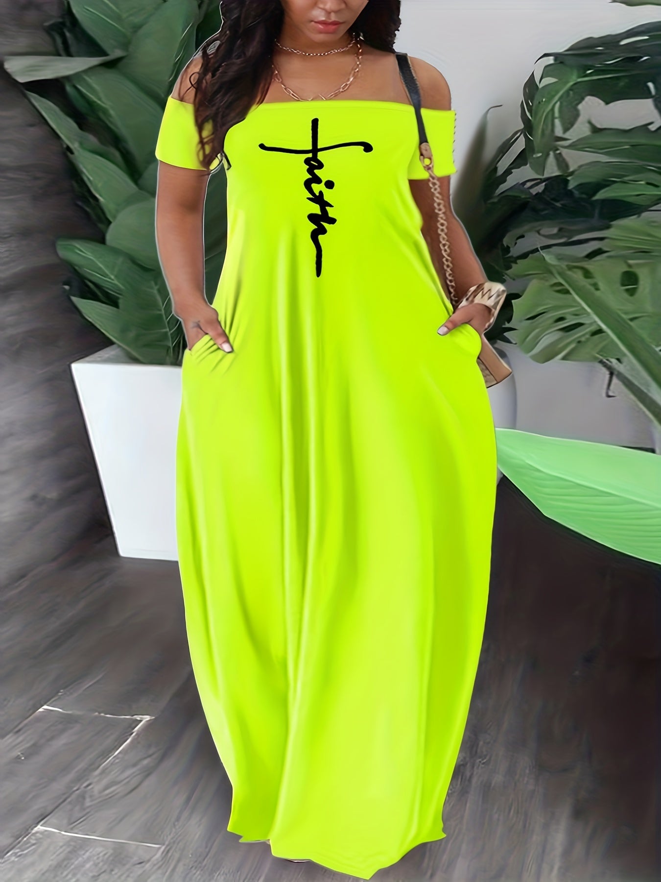 Casual Dress Cross Letter Print Off Shoulder Short Sleeve Maxi Dress With Pockets
