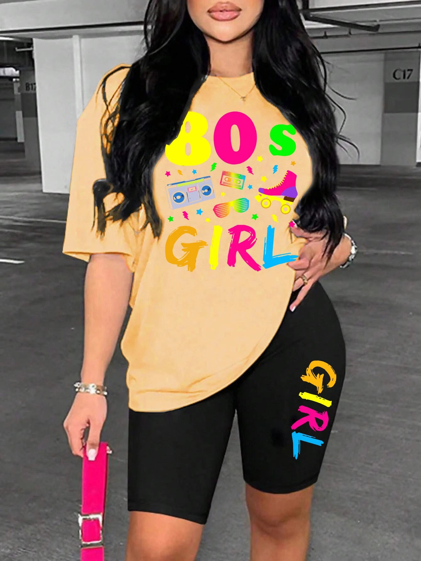 80 S Girl Colorful Printing T Shirts Two Piece Set Fashion Casual Short Sets Comfortable Breathable Shirt Shorts