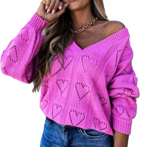 Love Heart Hollow Crochet Sweater Loose V Neck Long Sleeve Casual Knitwear Jumper