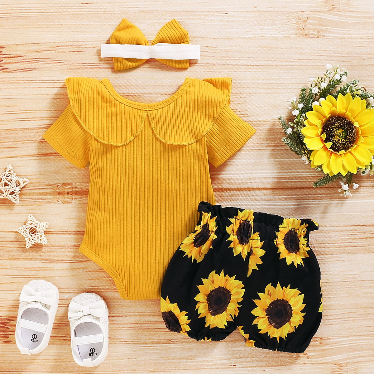 Newborn Infant Baby Clothing Set Short Sleeve Romper Top Sunflower Printed Shorts 3Pcs Outfit